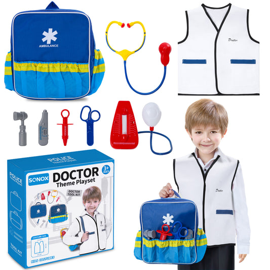 Sqnox Doctor Kit for Toddlers 3-5, Kids Doctor Playset 8 Pcs Pretend Play with School Bag and Vest Boys and Girls Gifts